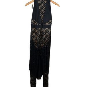 Kelle Women's Black Lace Catsuit Dance Costume with Attached Cape Size Small